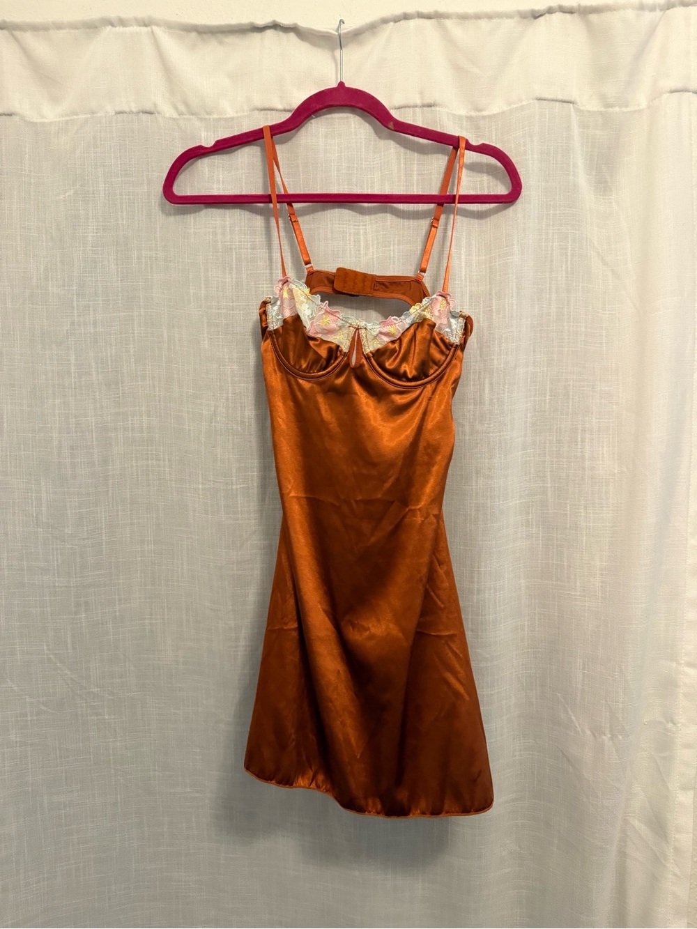 Satin Copper Slip Dress with Floral Lace Trim backless, xs
